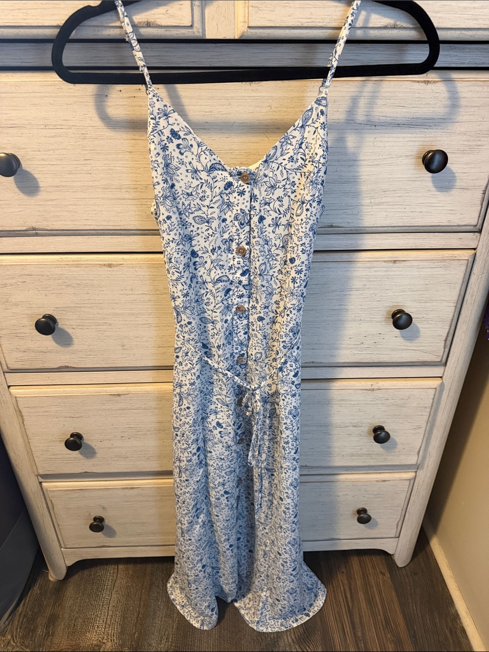 Blue and White Floral Button-Front Midi Dress